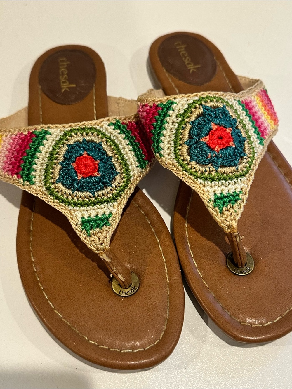 The Sak Multicolor Crochet Brown Leather Toe-Post Sandals